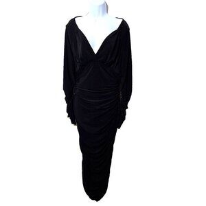 Norma Kamali Dress Sz L/40 Tara Midi Ruched Off Shoulder Black Elegant Cocktail